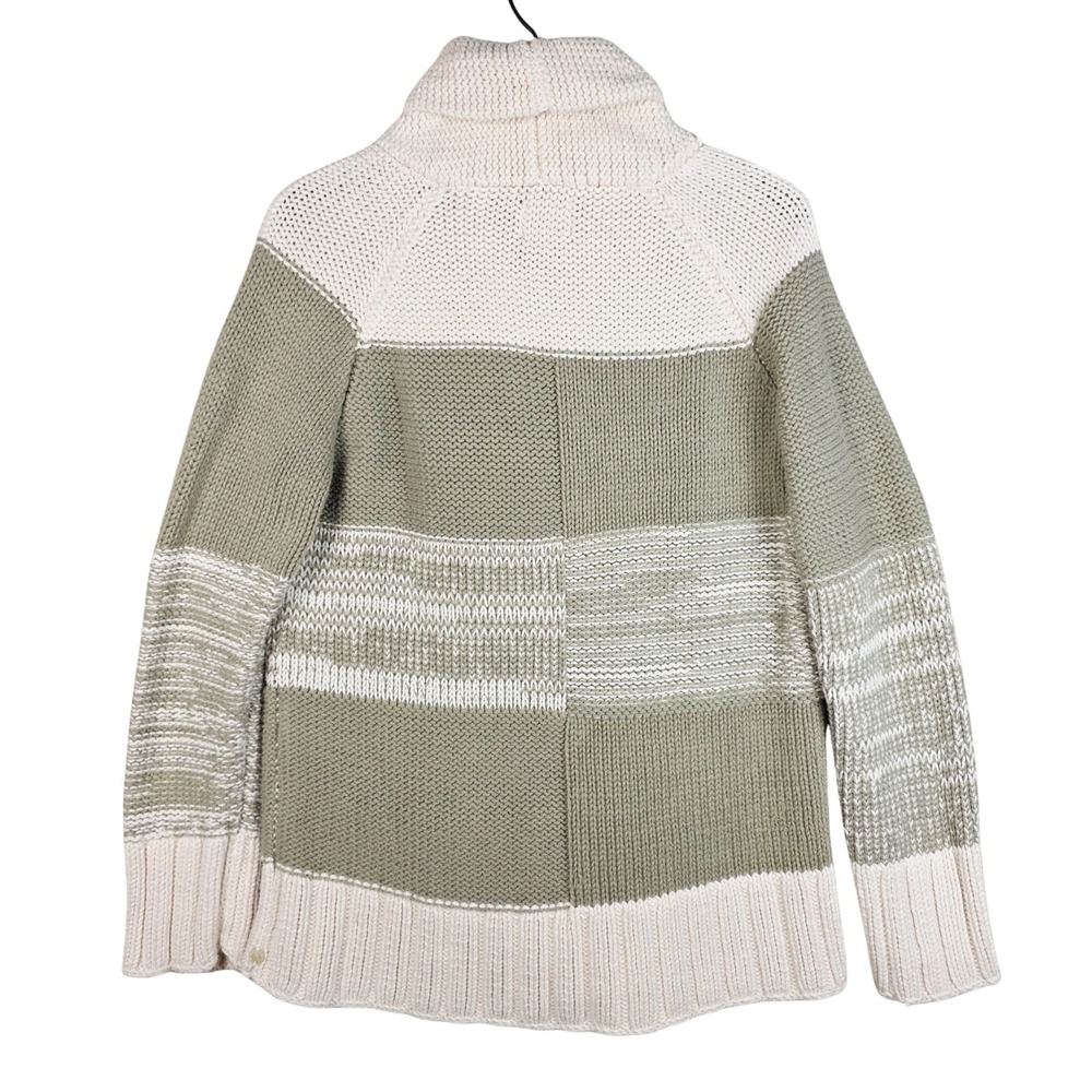 Hand-knit Cabin Coastal Patchwork Sweater Cowl Neck Button Front Chunky‎ Neutral - Picture 2 of 15